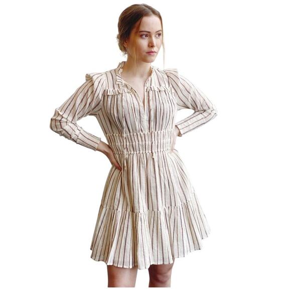 ULLA JOHNSON ROSALIND DRESS CREAM METALLIC RUFFLES RUCHED
SZ 12 OATMEAL CORE - Picture 7 of 16